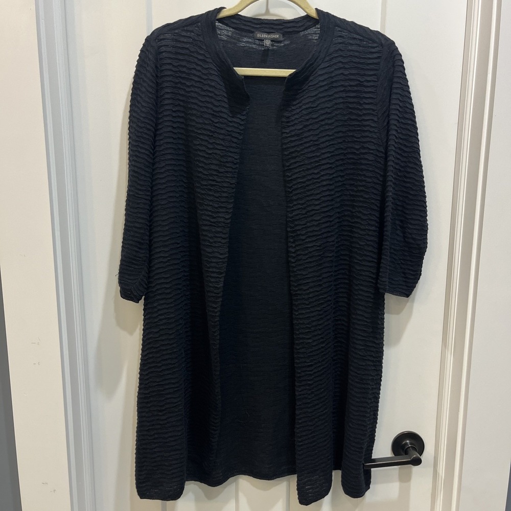 Eileen Fisher Women's‎ Black 3/4 Sleeve Open Front Cardigan Size Medium Textured